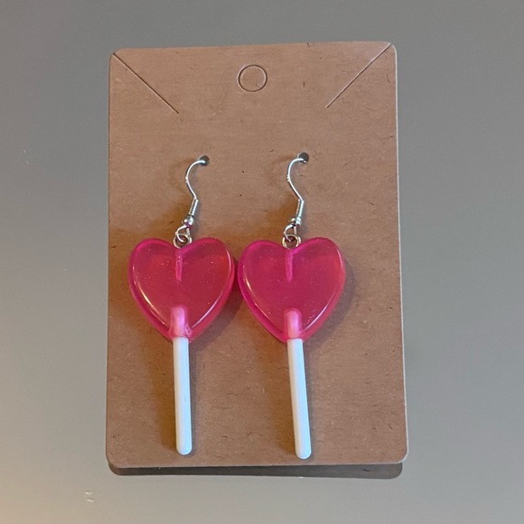 Pink Heart Lollipop Dangle Earrings - Picture 2 of 5